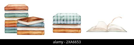 Set di libri con piante e fiori bianchi illustrazione acquerello isolata su sfondo bianco. Aprire e impilare libri di colori marrone/verde Foto Stock