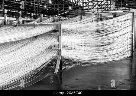 Le linee in filo di cotone su una linea di assemblaggio della trama dell'avvolgitore di poliziotti a Johannesburg, Sud Africa Foto Stock