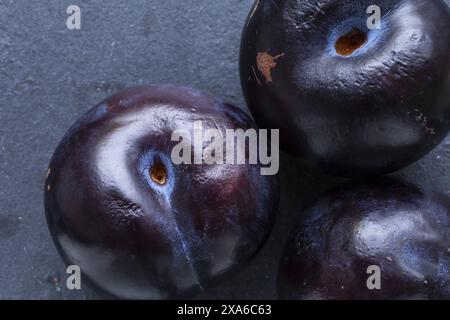 foto macro da tavolo con primo piano di prugne blu scuro su sfondo scuro, fotografia macro still life con cibo basso Foto Stock