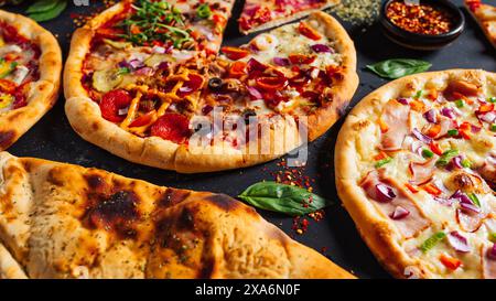 Pizze assortite con vari condimenti su un tavolo Foto Stock