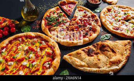 Pizze assortite con varie salse Foto Stock