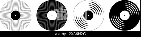 Icone dischi in vinile. LP o Long Play Music Disc isolati su sfondo bianco. Attrezzatura DJ per discoteca o techno party. anni '70 anni '80 anni '90 concetto di nostalgia discoteca. Illustrazione grafica vettoriale. Illustrazione Vettoriale