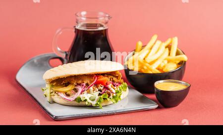 Vassoio con panino, patatine fritte e bottiglia per bevande Foto Stock