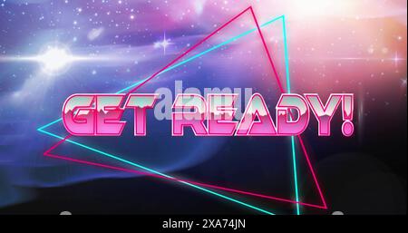 Immagine del testo Get Ready in lettere metalliche su triangoli e universo rosa e blu Foto Stock