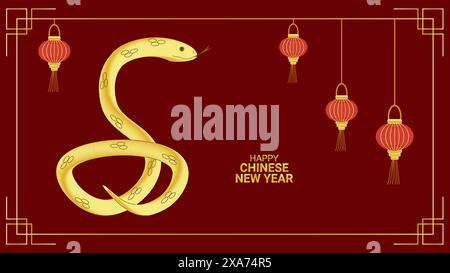 Anno di serpente. Felice Capodanno cinese 2025. Lanterne cinesi. Calendario lunare. Modello di banner poster per cartoline Web design. Illustrazione vettoriale Illustrazione Vettoriale