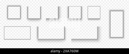 Set di effetti ombra della pagina di carta o della confezione. Forme morbide e sfocate. Ombreggiature quadrate e rettangolari isolate su sfondo trasparente. Illustrazione realistica vettoriale. Illustrazione Vettoriale