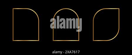 Set di cornici ad arco, semiarco e lamelle dorate. Eleganti modelli dorati in stile art deco per inviti a matrimoni o biglietti d'auguri, striscioni per eventi o feste su sfondo scuro. Illustrazione vettoriale. Illustrazione Vettoriale