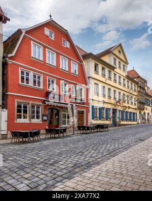 Una vista panoramica di Plonlein a Rothenburg ob der Tauber, Baviera, Germania. Foto Stock