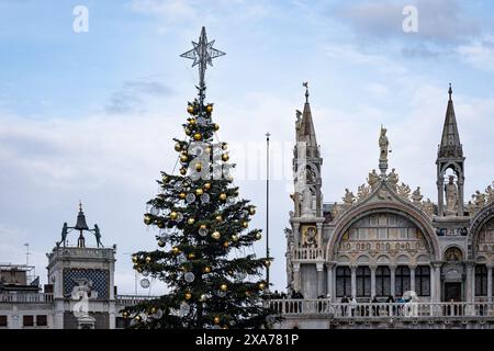 Piazza San Marco e#39, Piazza San Marco, con albero di Natale, Basilica di San Marco, Venezia, Italia, Europa Foto Stock