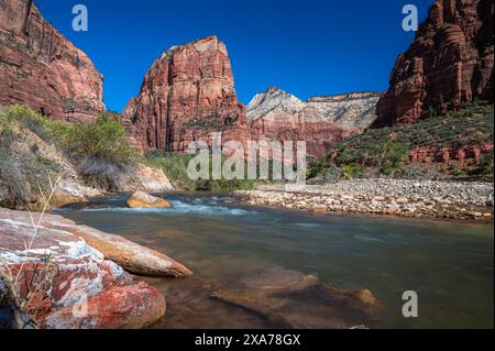 Una vista panoramica dell'Angels Landing al Parco Nazionale di Zion Foto Stock