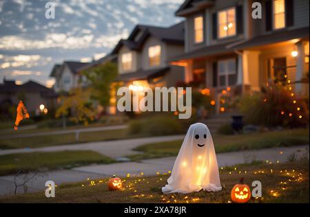 Al crepuscolo, una decorazione luccicante e le zucche intagliate adornano un cortile periferico, creando una scena stravagante e festosa di Halloween con case illuminate Foto Stock