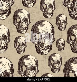 cranio umano realistico motivo senza cuciture con effetto usurato sullo sfondo Illustrazione Vettoriale