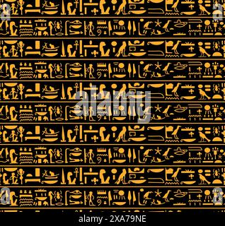 fantastici geroglifici gialli egiziani su sfondo nero motivo senza cuciture Illustrazione Vettoriale