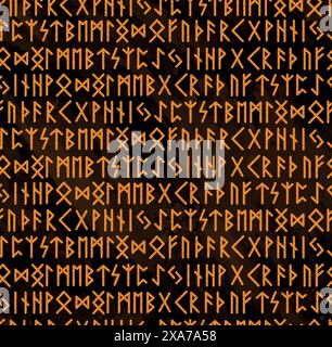 Motivo alfabetico arancione delle antiche rune vichinghe su un effetto color acqua marrone scuro con motivo di sfondo senza cuciture Illustrazione Vettoriale