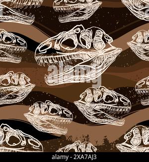 Teschio bianco Tyrannosaurus Rex motivo senza cuciture con terra di brwon scura sullo sfondo Illustrazione Vettoriale