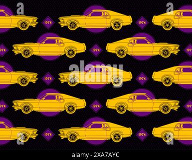 Il vettore Muscle Car ha creato un collage con l'auto gialla. diamanti e cerchi viola con testo 1974 e motivo geometrico metallico sullo sfondo Illustrazione Vettoriale