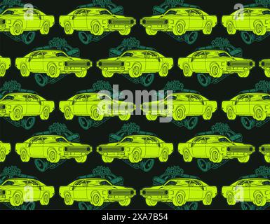 Collage vettoriale Muscle car con colori verdi e schema motore verde sullo sfondo Illustrazione Vettoriale