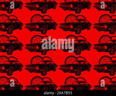 Muscle car Vector collage con auto nere, elementi di limite di velocità e motivo geometrico in metallo rosso sullo sfondo Illustrazione Vettoriale