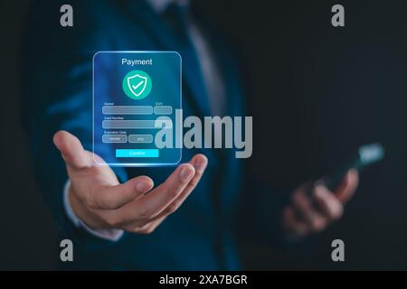 Concetto di pagamento online digitale. Gli uomini d'affari mostrano pagamenti online virtuali, conti bancari digitali, app per l'online banking tecnologica, transazioni finanziarie Foto Stock
