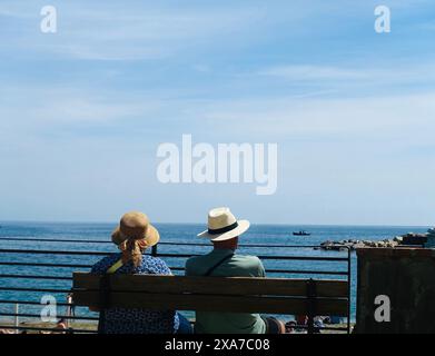 Una coppia che si rilassa su una panchina sul mare Foto Stock