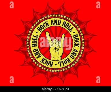 Arte Rock and Roll con una mano che fa hons Up firma su un collage di chitarra elettrica V form. Rock e musica Illustrazione Vettoriale