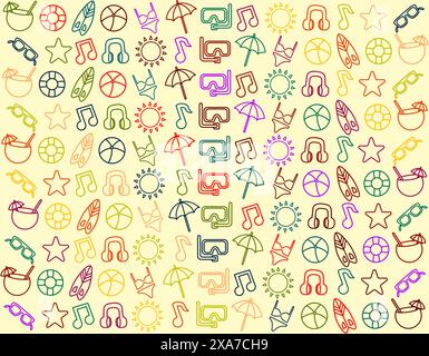 icone multicolore dell'estate su sfondo giallo pastello. In estate e in stagione Illustrazione Vettoriale