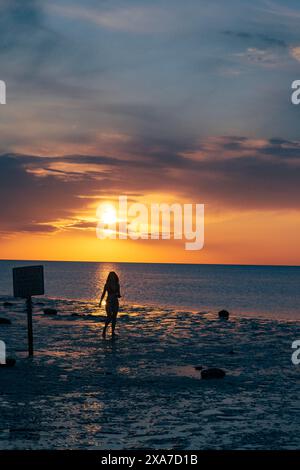 La silhouette di una donna in spiaggia mentre il sole tramonta all'orizzonte Foto Stock