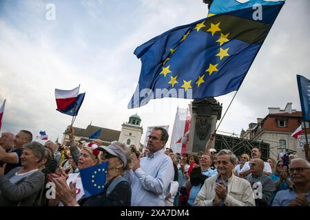 I cittadini ondeggiano bandiere polacche e europee durante la manifestazione pro-UE organizzata dal primo ministro Donald Tusk nella storica Piazza del Castello di Warsawís. Migliaia di persone si sono riunite nella storica Piazza del Castello di Warsawís durante la manifestazione pro-UE organizzata dal primo ministro Donald Tusk e dal suo partito, la piattaforma Civica. Donald Tusk ha chiesto ai polacchi di votare nelle prossime elezioni al Parlamento europeo e di sostenere la sua squadra pro-europea, nell'interesse di un futuro sicuro per le generazioni a venire. La folla colorata con bandiere nazionali bianche e rosse e bandiere UE ha cantato ìDonald Tuskî per mostrare sostegno al suo colpo di grazia Foto Stock