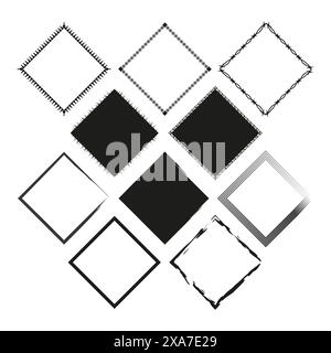 Cornici quadrate decorative. Bianco e nero. Vari stili. Elementi di progettazione vettoriali. Illustrazione Vettoriale