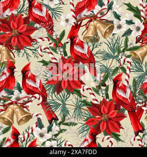 Motivo senza cuciture con elementi natalizi come abete, uccelli rossi, poinsettia . Vettore. Illustrazione Vettoriale