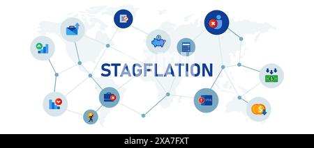 stagflazione disoccupazione fallita rallentamento della crescita economica globale e aumento dei prezzi Illustrazione Vettoriale