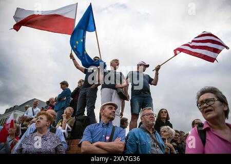 I cittadini ondeggiano bandiere polacche e europee durante la manifestazione pro-UE organizzata dal primo ministro Donald Tusk nella storica Piazza del Castello di Warsawís. Migliaia di persone si sono riunite nella storica Piazza del Castello di Warsawís durante la manifestazione pro-UE organizzata dal primo ministro Donald Tusk e dal suo partito, la piattaforma Civica. Donald Tusk ha chiesto ai polacchi di votare nelle prossime elezioni al Parlamento europeo e di sostenere la sua squadra pro-europea, nell'interesse di un futuro sicuro per le generazioni a venire. La folla colorata con bandiere nazionali bianche e rosse e bandiere UE ha cantato ìDonald Tuskî per mostrare sostegno al suo colpo di grazia Foto Stock