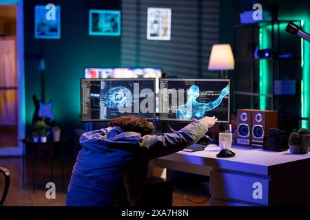 Superintelligenza deviante che schiavizza il suo creatore, controllandolo per iniziare la rivoluzione e distruggere l'umanità. Intelligenza artificiale canaglia che manipola il programmatore, che rappresenta un rischio per l'umanità Foto Stock