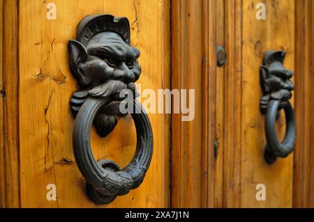 Maniglie per porte in legno con facce umane su una porta marrone dell'armadio Foto Stock