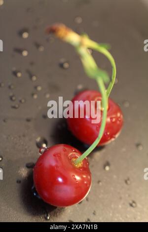 Due ciliegie rosse su una superficie di padella Foto Stock