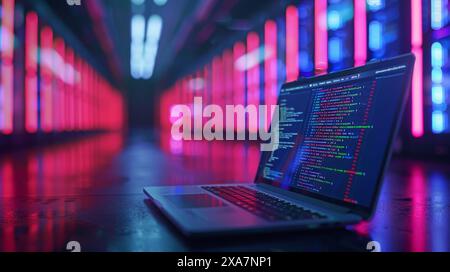 Primo piano sullo schermo di un notebook che visualizza il codice con API di servizio cloud e uno sfondo sfocato di un moderno data center Foto Stock