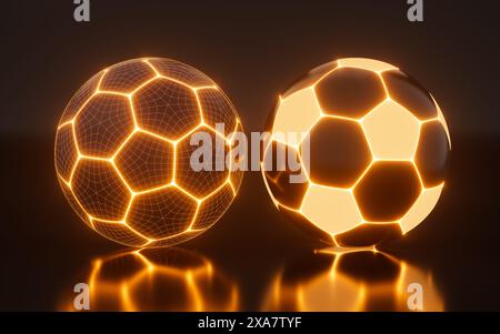 Calcio astratto e linee al neon, calcio brillante, rendering 3d. illustrazione 3d. Foto Stock