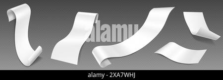 I modelli di bollette cartacee vengono impostati su sfondo trasparente. Illustrazione vettoriale realistica di ricevute bianche vuote, rotoli di controllo terminali pos, fogli di conferma del pagamento dell'ordine, fattura d'acquisto Illustrazione Vettoriale