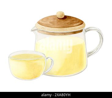 Illustrazione di tè alle erbe giallo in teiera di vetro e tazza trasparente con acquerello. Bevanda calda biologica allo zenzero e limone Foto Stock