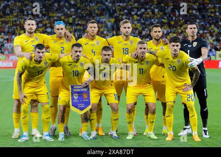 Bucarest, Romania. 4 giugno 2024. Inizia i giocatori della squadra rumena posa per le foto di gruppo prima dell'amichevole internazionale tra Romania e Bulgaria allo stadio Steaua di Bucarest, Romania, 4 giugno 2024. Crediti: Cristian Cristel/Xinhua/Alamy Live News Foto Stock