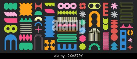 Set di semplici forme geometriche astratte. Varie figure contemporanee brutali e moderne in stile estetico y2k. Forme e adesivi decorativi diversi in colori vivaci. Bauhaus mette in risalto gli elementi di design. Illustrazione Vettoriale