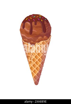 Gelato al cioccolato in un cono di waffle con frutta e colorate goccioline arcobaleno. Dessert freddo estivo. Deliziosi dolci morbidi croccanti, realistici Illustrazione Vettoriale