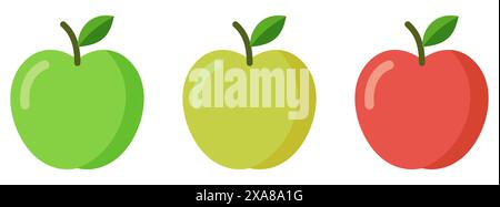 Set vettoriale di mele verdi, gialle e rosse mature con foglie. Icona Apple isolata su bianco Illustrazione Vettoriale
