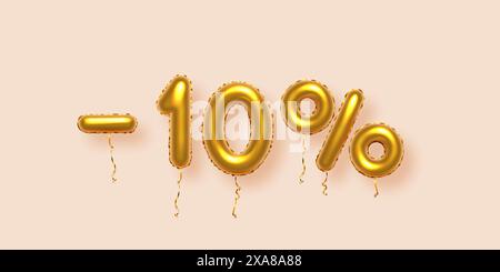 Sconto sulla composizione creativa con sconto del 10% sull'oro. Simbolo di vendita 3d Golden con numeri decorativi dei palloncini, segni di meno e percentuale. Banner di vendita o. Illustrazione Vettoriale