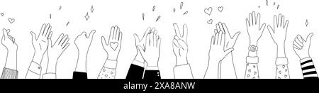 Schizzo di Doodle mani in alto gesti icone dei fumetti silhouette set vettoriale. Illustrazione Vettoriale