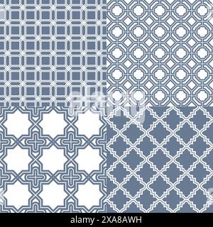 Modelli geometrici astratti in stile arabo. Sfondo vettoriale uniforme. Ornamento grafico bianco e blu Illustrazione Vettoriale