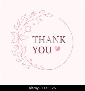Scheda di ringraziamento rosa elegante cornice floreale circolare che sboccia lascia illustrazione vettoriale modello design linea vintage. La corrispondenza del Ringraziamento mi saluta Illustrazione Vettoriale