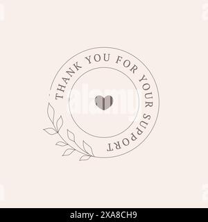 Grazie per aver supportato l'illustrazione vettoriale del modello di design della linea di diramazioni botaniche cuore monocromatico vintage card. Messaggio di saluto del Ringraziamento cerchietto fr Illustrazione Vettoriale
