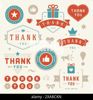 Set di elementi tipografici di ringraziamento etichette e distintivi. Cuori, nastri, icone Thumb Up e corone. Per biglietti di auguri, adesivi, etichette, poster A. Illustrazione Vettoriale