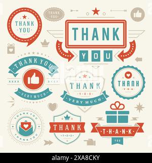 Set di elementi tipografici di ringraziamento etichette e distintivi. Cuori, nastri, icone Thumb Up e corone. Per biglietti di auguri, adesivi, etichette, poster A. Illustrazione Vettoriale